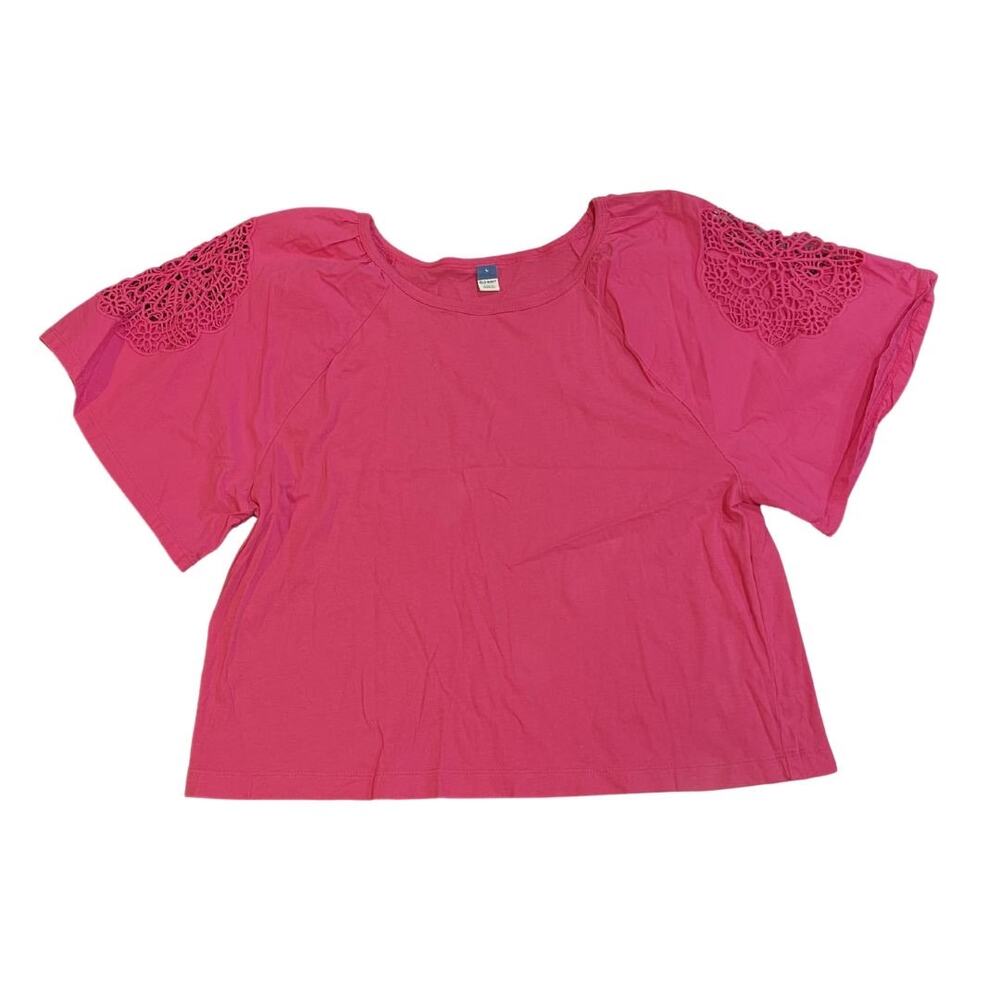 Old Navy Everywear Cutwork Soft Jersey Top Blouse SZ L Short Raglan Sleeves Boho